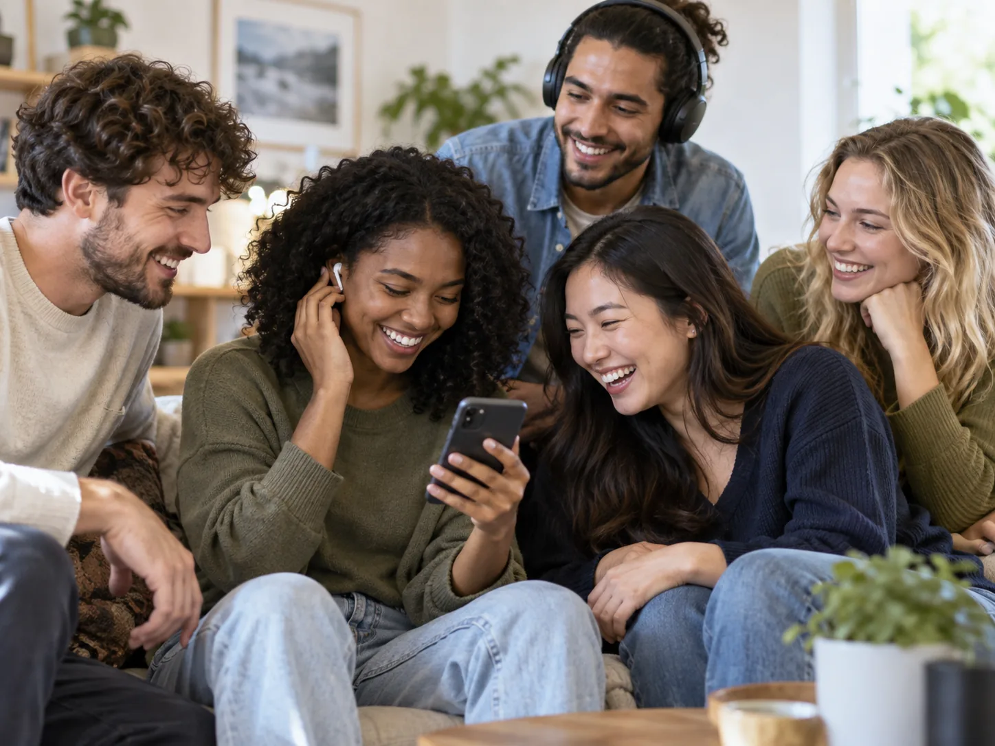 Groupe d’ami·es qui rient ensemble en écoutant un contenu sur un téléphone